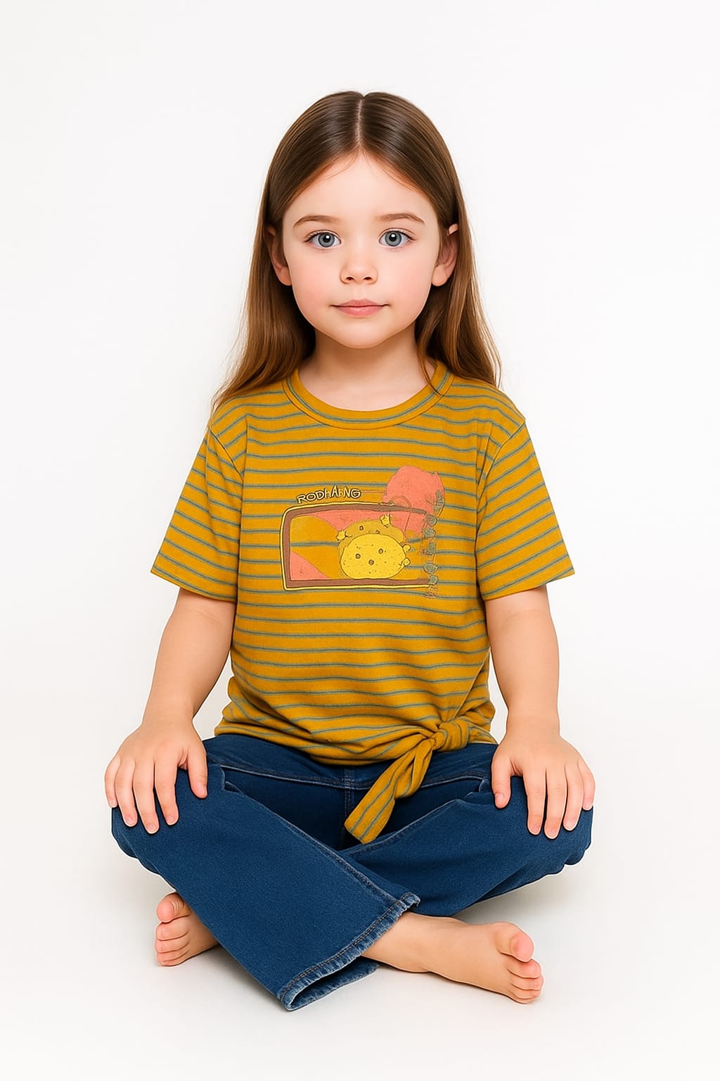 Silakaari Lara Mustard Striped T-Shirt With Bear Printed Denim Jeans Set For Girls