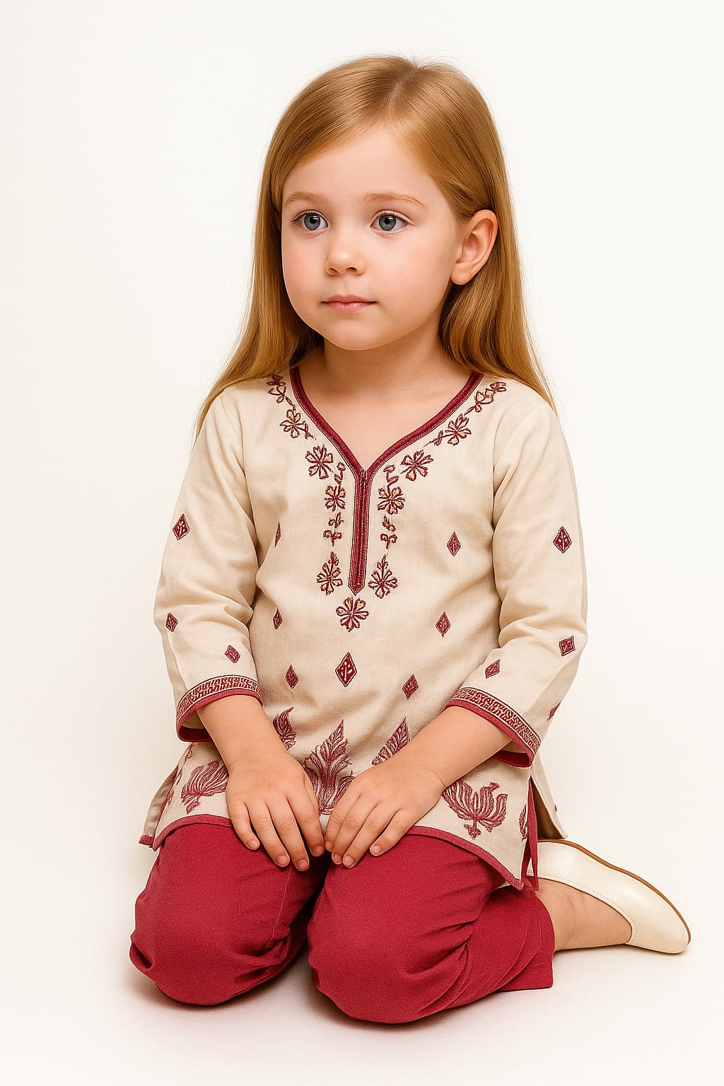 Silakaari Kids Pure Cotton Floral Chikan Lucknowi Kurta Pajama Set For Girls