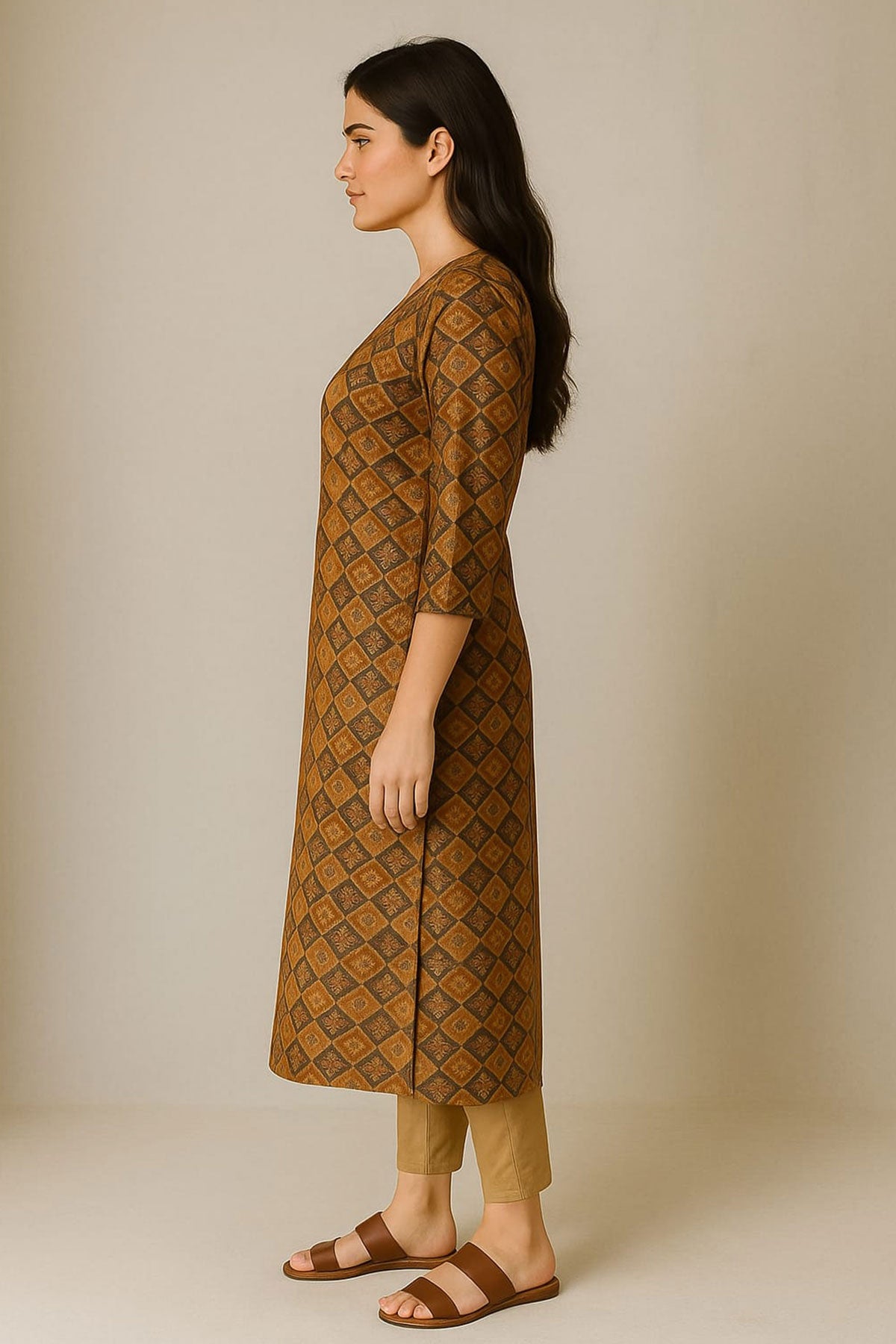 Silakaari Liyana Patola Print Mustard Rayon Straight Long Kurti with Mirror work