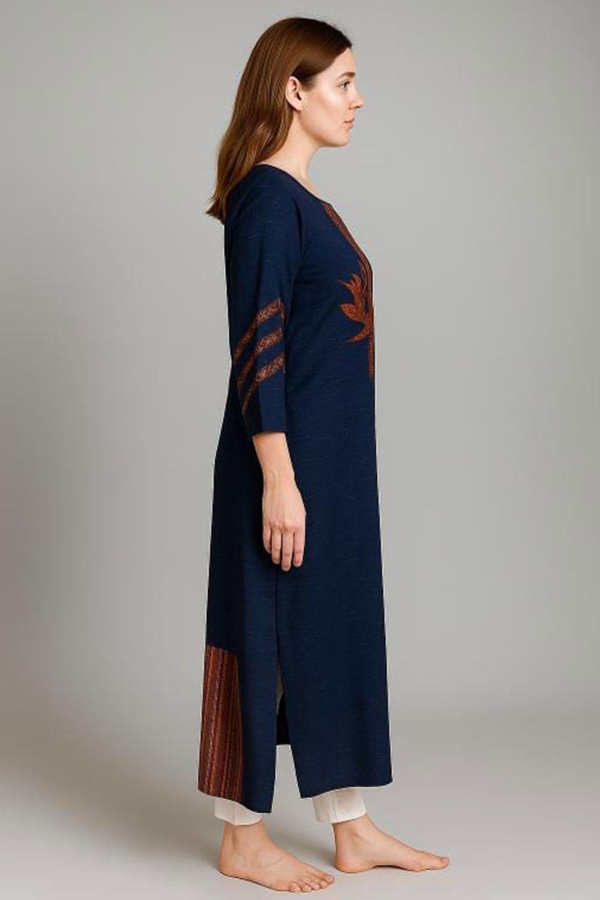 Silakaari Rahma Navy blue Embroidered Extra Long Rayon kurti