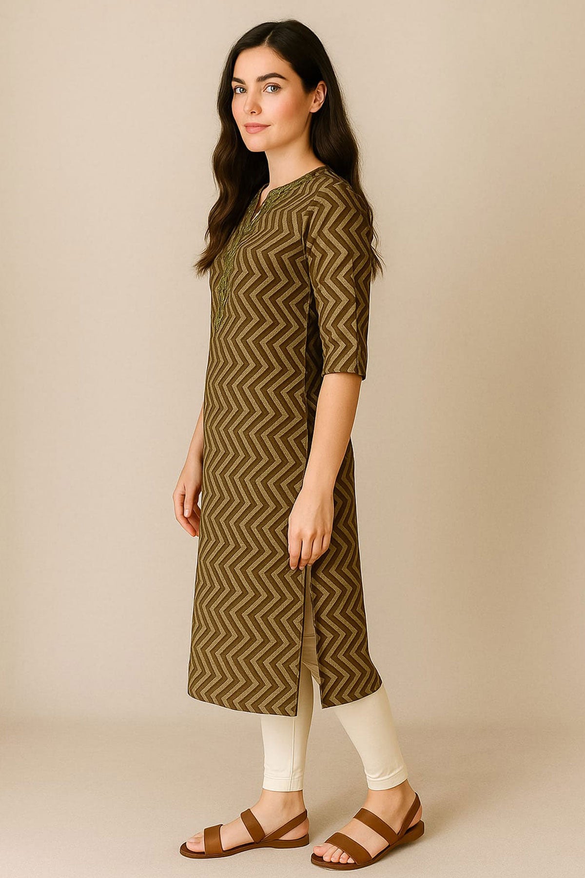 Silakaari Parveen Party Wear Muslin Mehendi Green Kurti with Golden Print