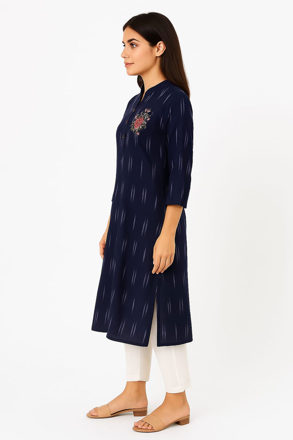 Silakaari Yalina Navy Blue Printed Hand Embroidery Long Kurti