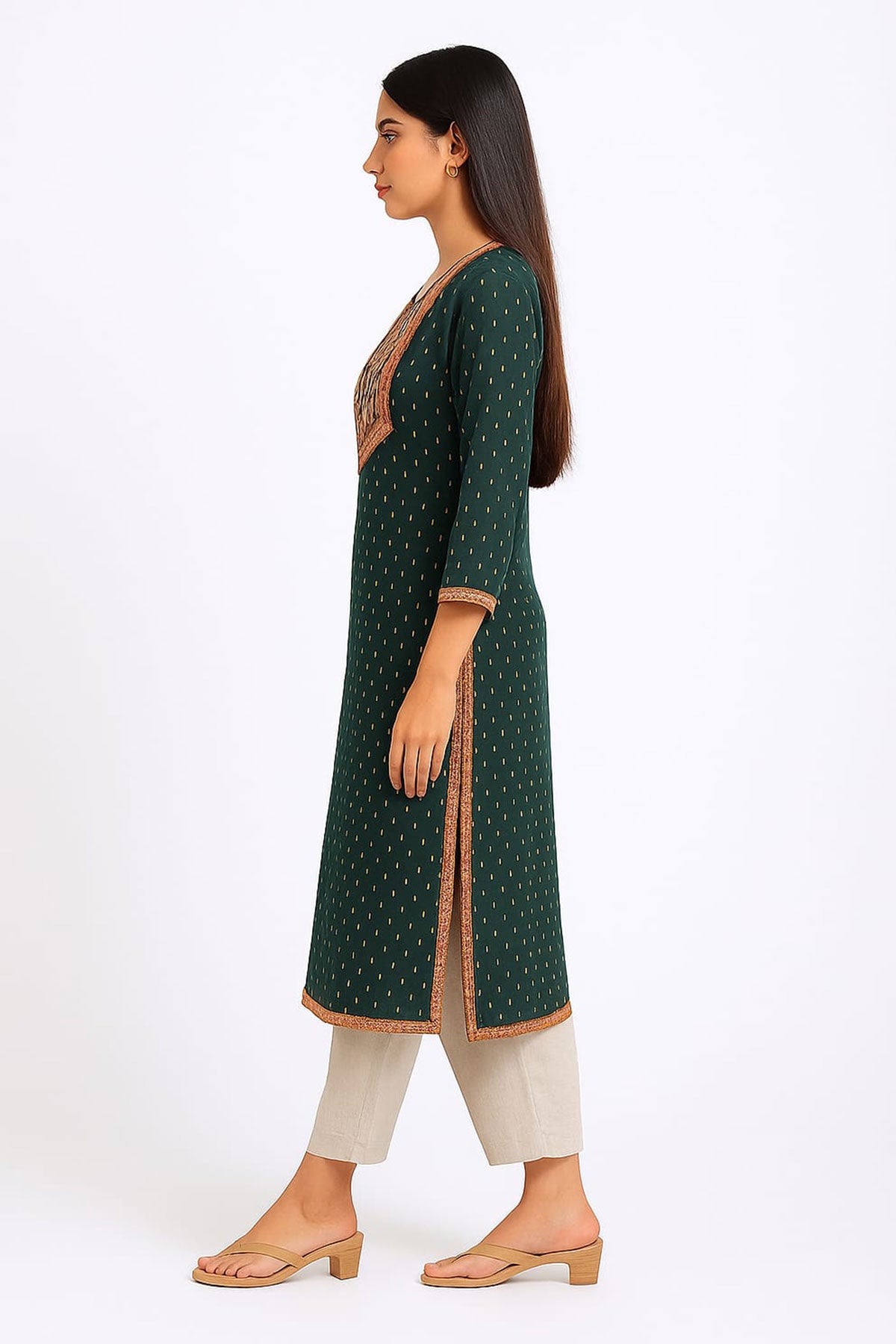 Silakaari Bilquis Dark green Mirror Embroidery Work Long Kurti With Button Detail