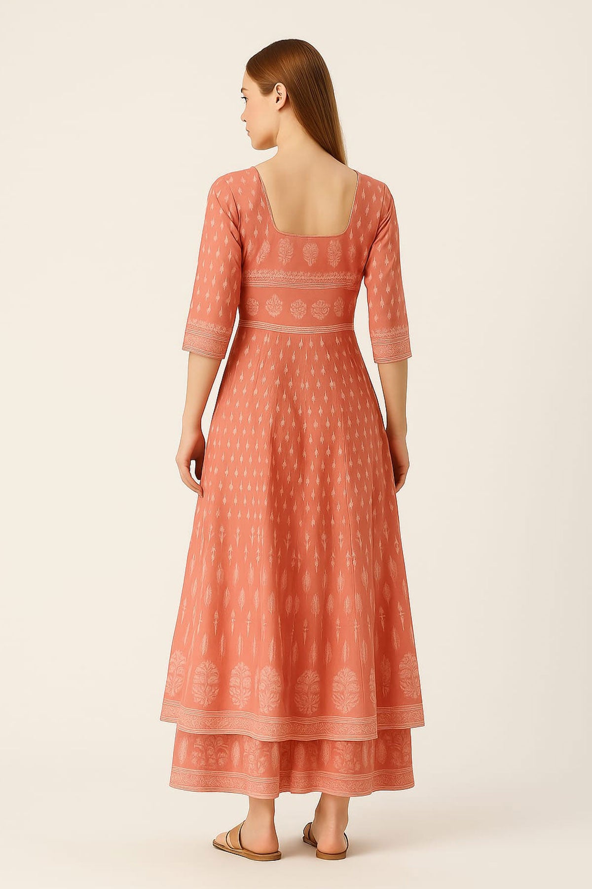Silakaari Naima Peach Printed Floor Length Anarkali With Gotta Lining