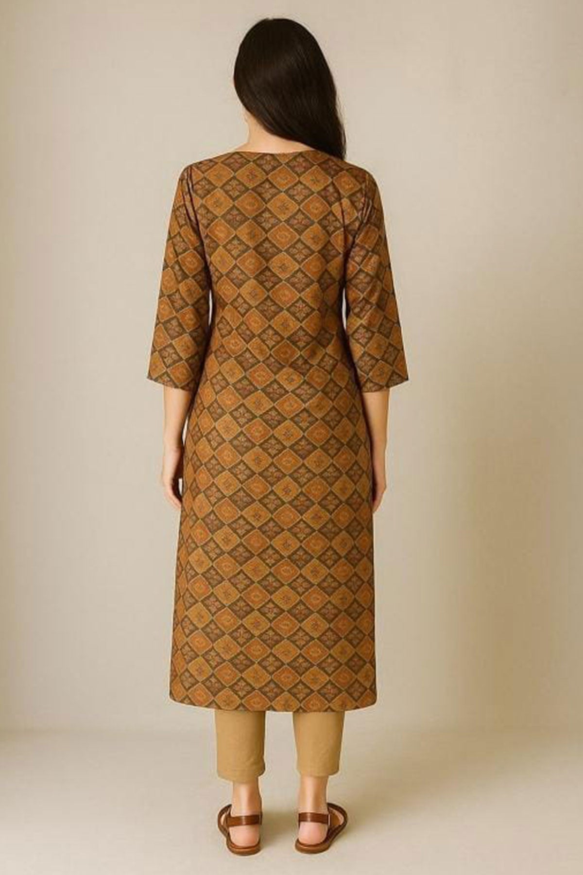 Silakaari Liyana Patola Print Mustard Rayon Straight Long Kurti with Mirror work