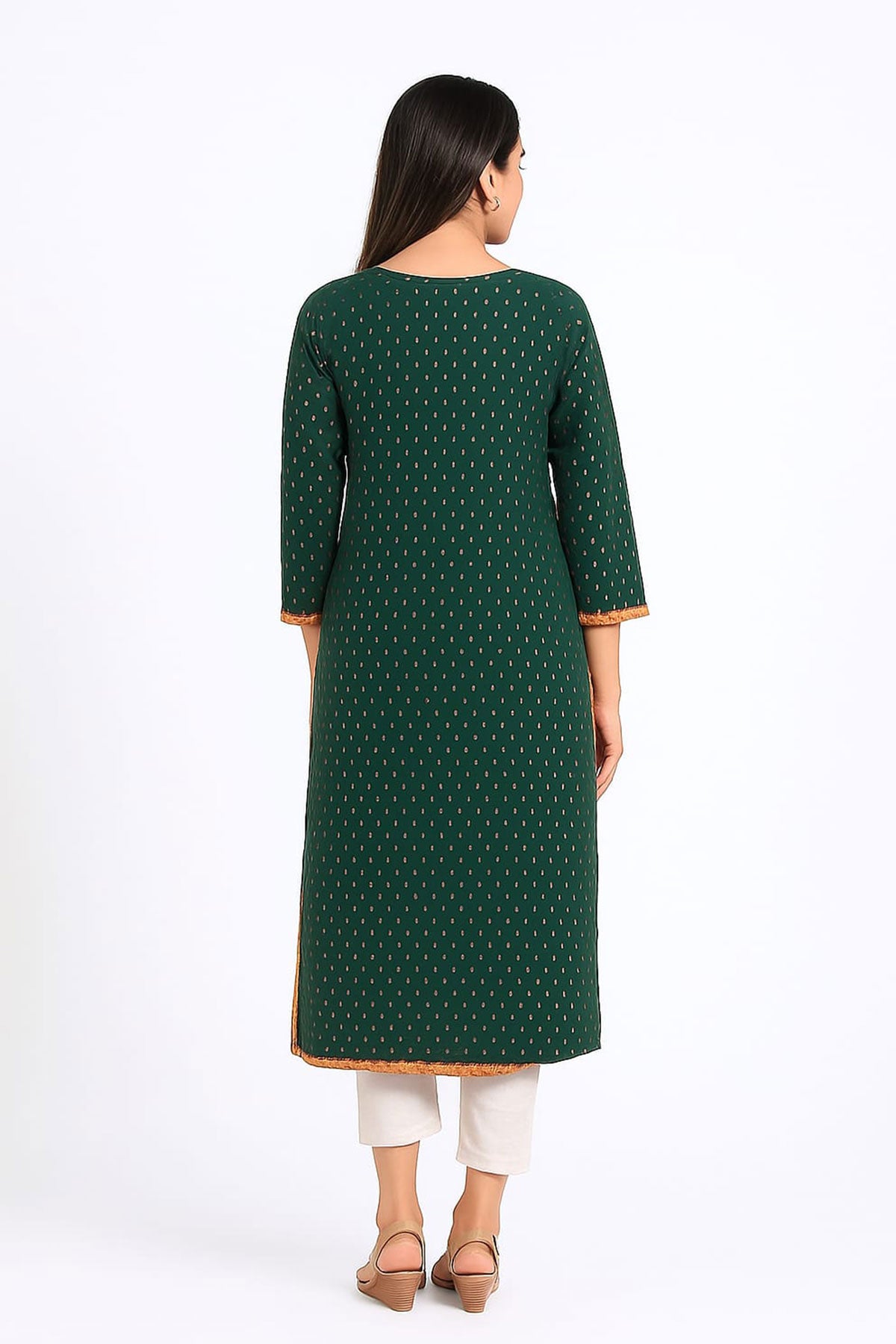 Silakaari Bilquis Dark green Mirror Embroidery Work Long Kurti With Button Detail