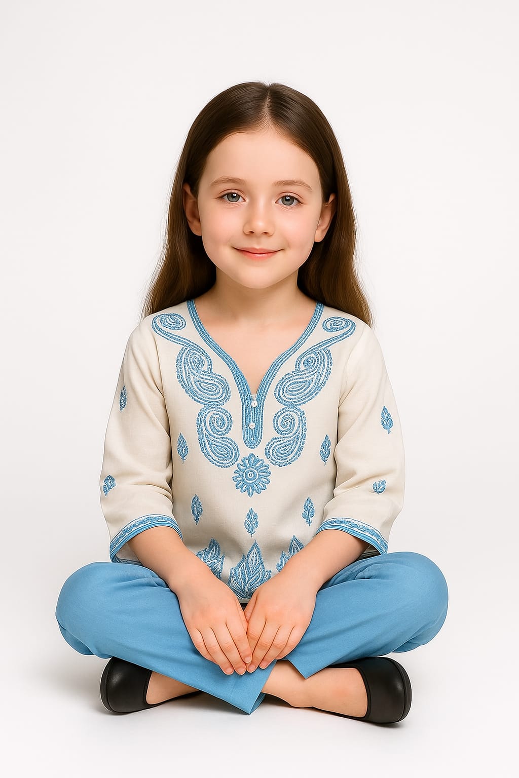 Silakaari Kids Pure Cotton Chikan Lucknowi Kurta Pajama Set For Girls