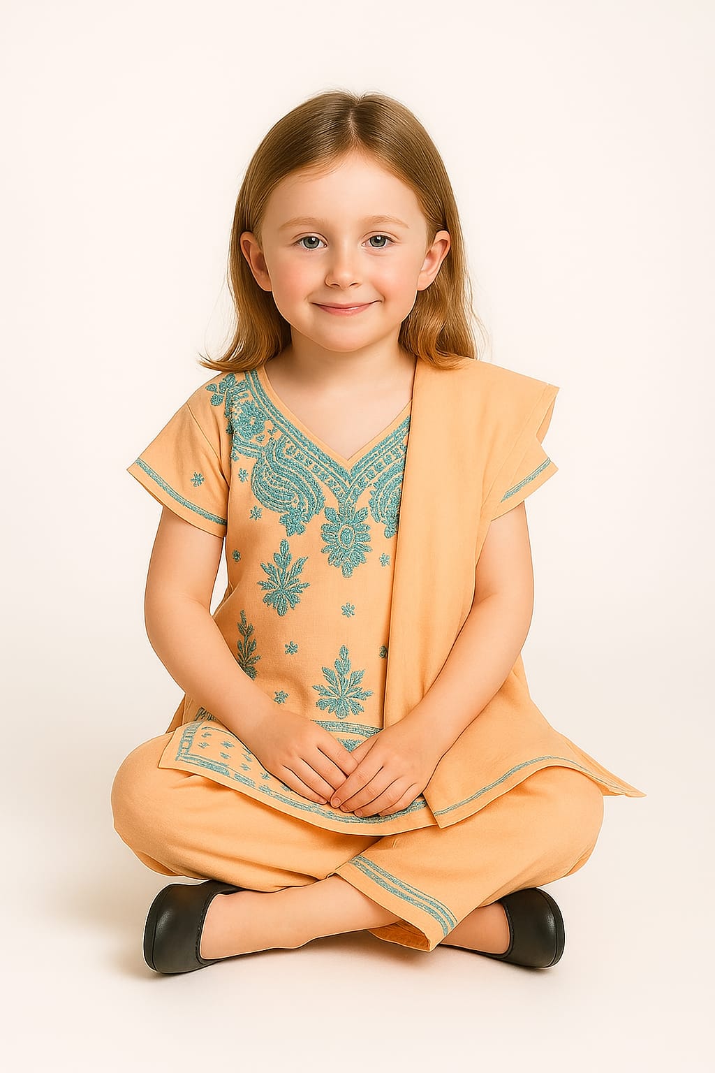 Silakaari Cyna Peach-Green Pure Cotton Lucknowi ChikanKari Kurti Pant With Dupatta Set For Girls