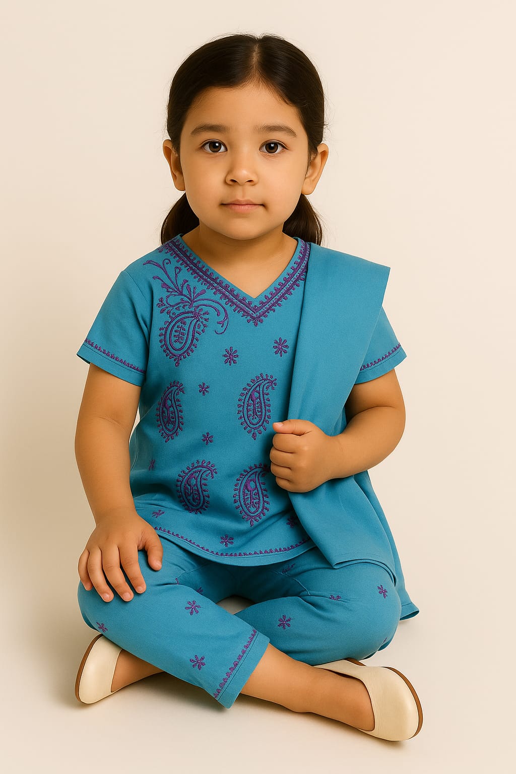 Silakaari Anarya Blue-Pink Pure Cotton Lucknowi ChikanKari Kurti Pant With Dupatta Set For Girls