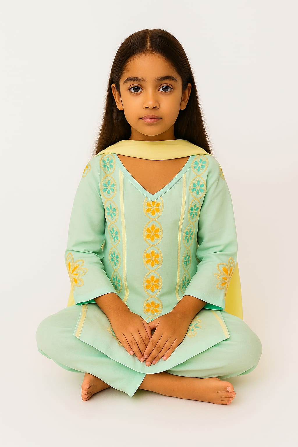 Silakaari Sadaf Green-Yellow Pure Cotton Lucknowi ChikanKari Anarkali Kurti Pant With Dupatta Set For Girls