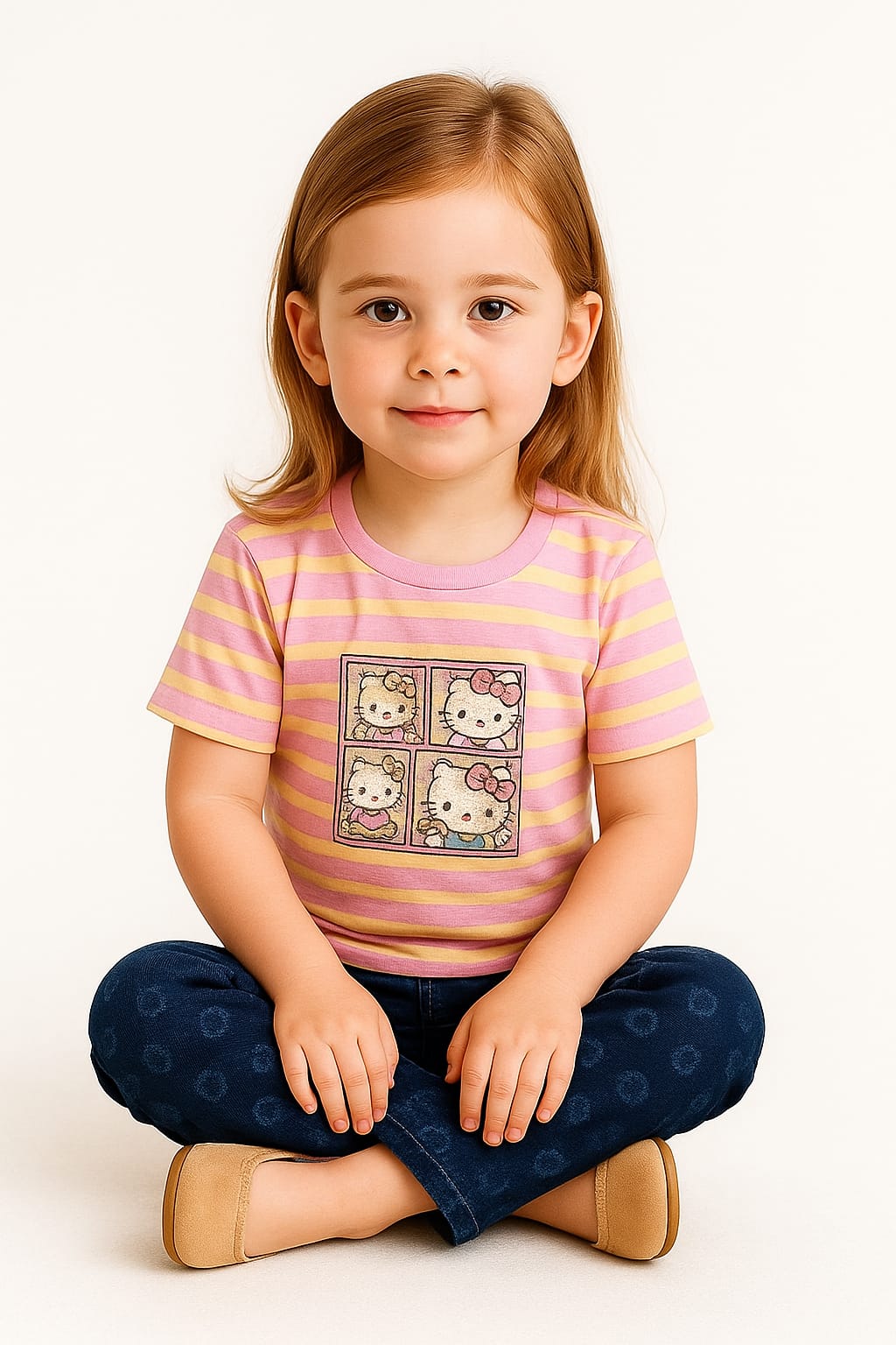 Silakaari Alvira Pink Kitty T-Shirt With Blue bear printed Denim Jeans Set For Girls