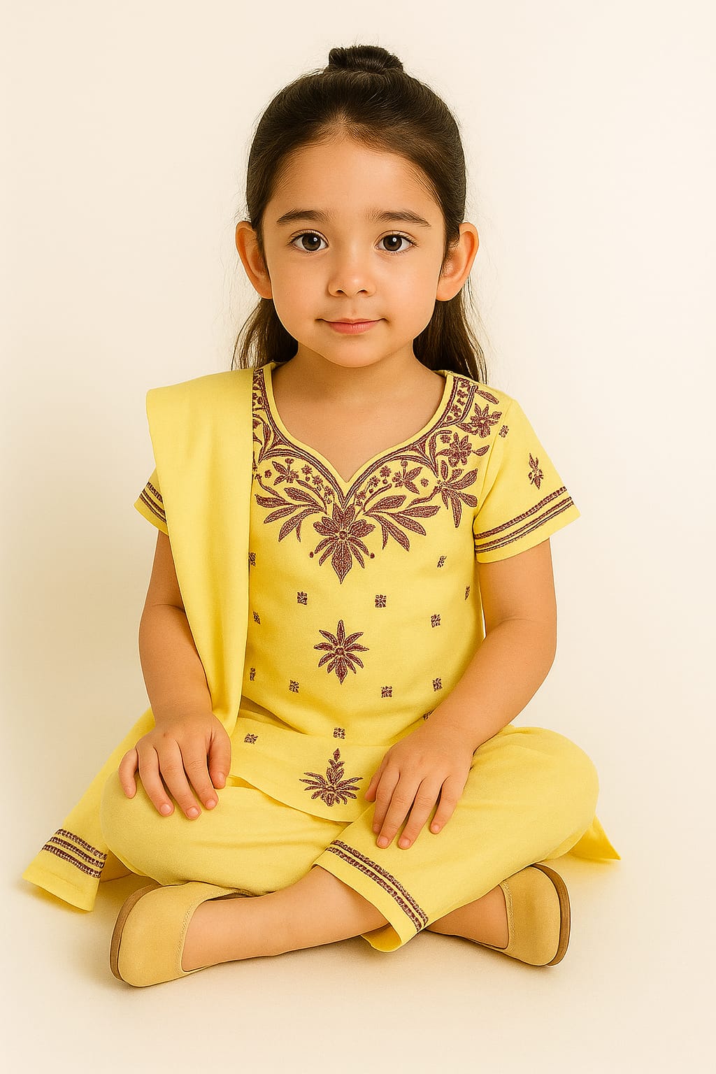 Silakaari Samaira Yellow-Violet Pure Cotton Lucknowi ChikanKari Kurti Pant With Dupatta Set For Girls