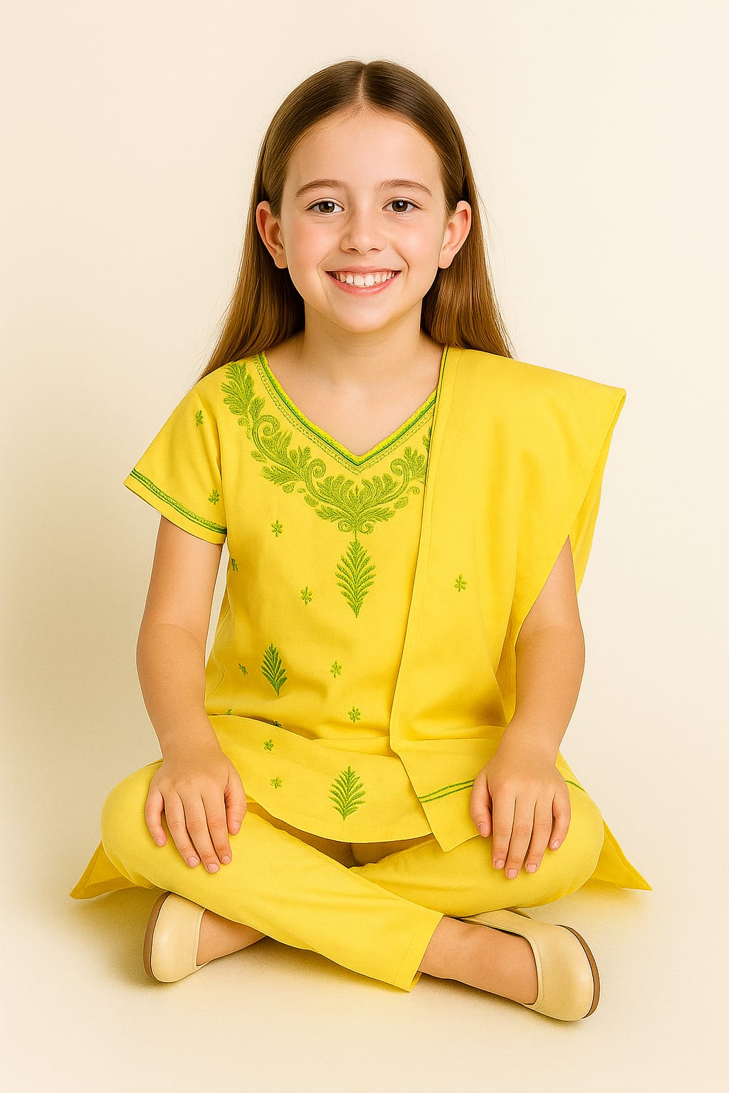 Silakaari Aabida Yellow-Green Pure Cotton Lucknowi ChikanKari Kurti Pant With Dupatta Set For Girls