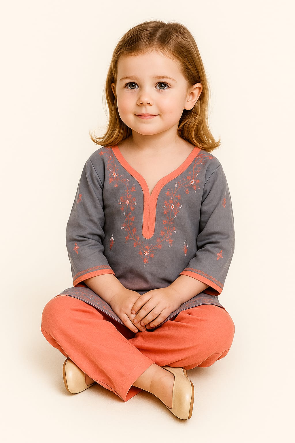 Silakaari Anam Grey-Pink Pure Cotton Lucknowi ChikanKari Kurti Pant Set For Girls