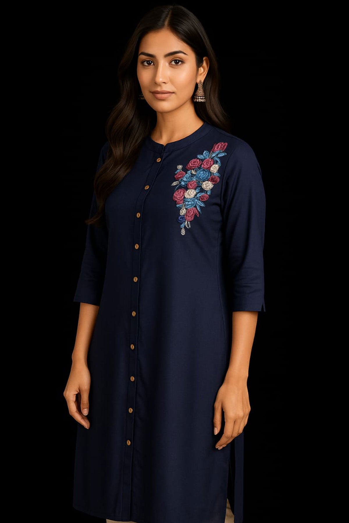 Silakaari Safiya Navy Blue Rayon Embroidery Long Kurti