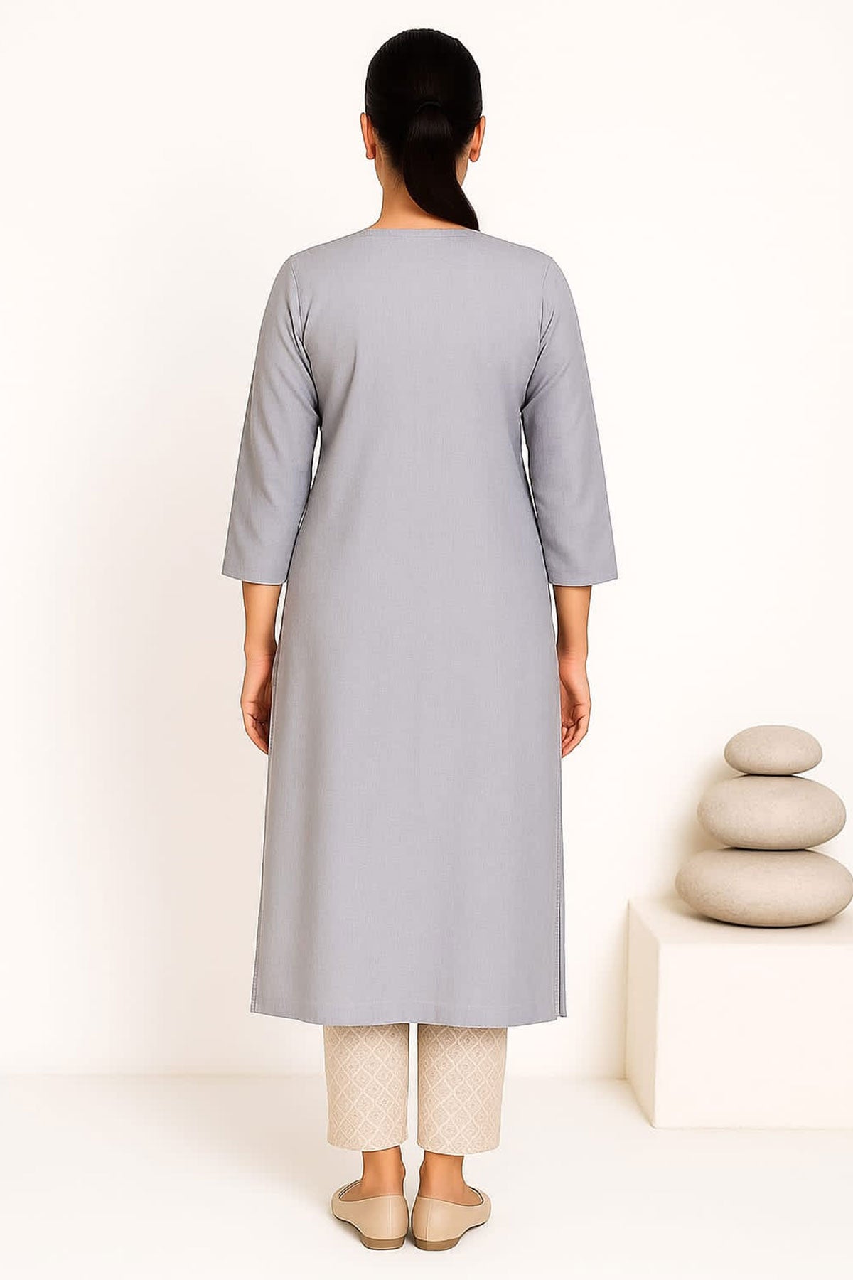 Silakaari Falak Handloom Grey Embroidered Straight Long Kurti