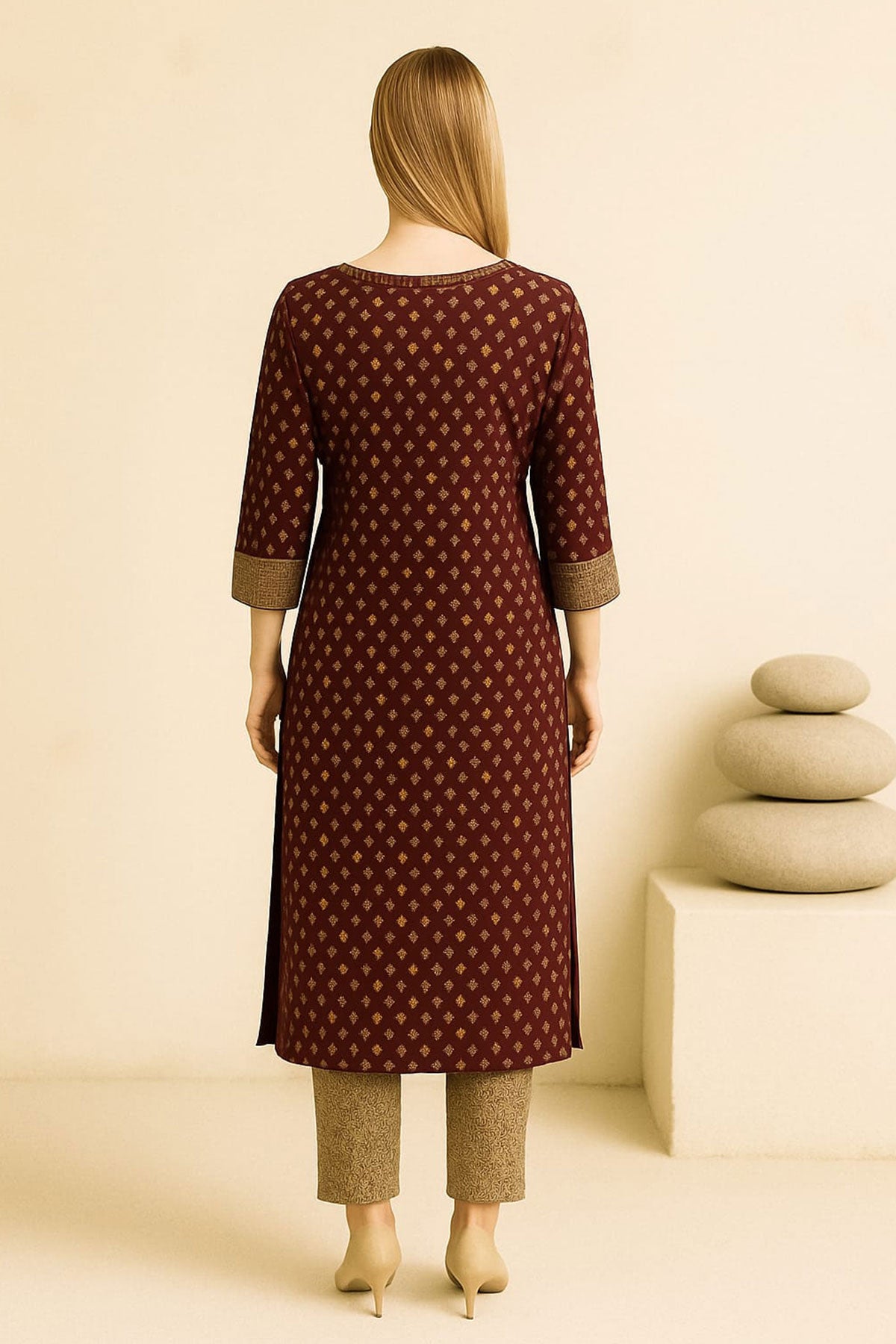 Silakaari Maleeka Maroon Foil Printed Rayon Long Kurti