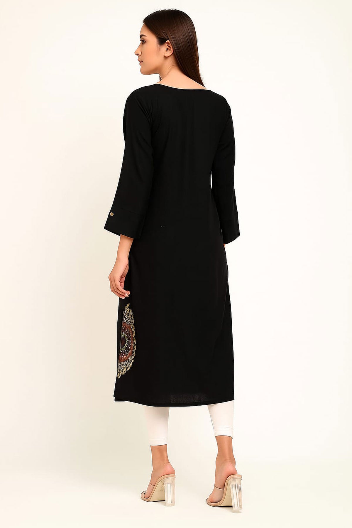 Silakaari Huda Black pocket Zari Embroidered Work Rayon Long Kurti
