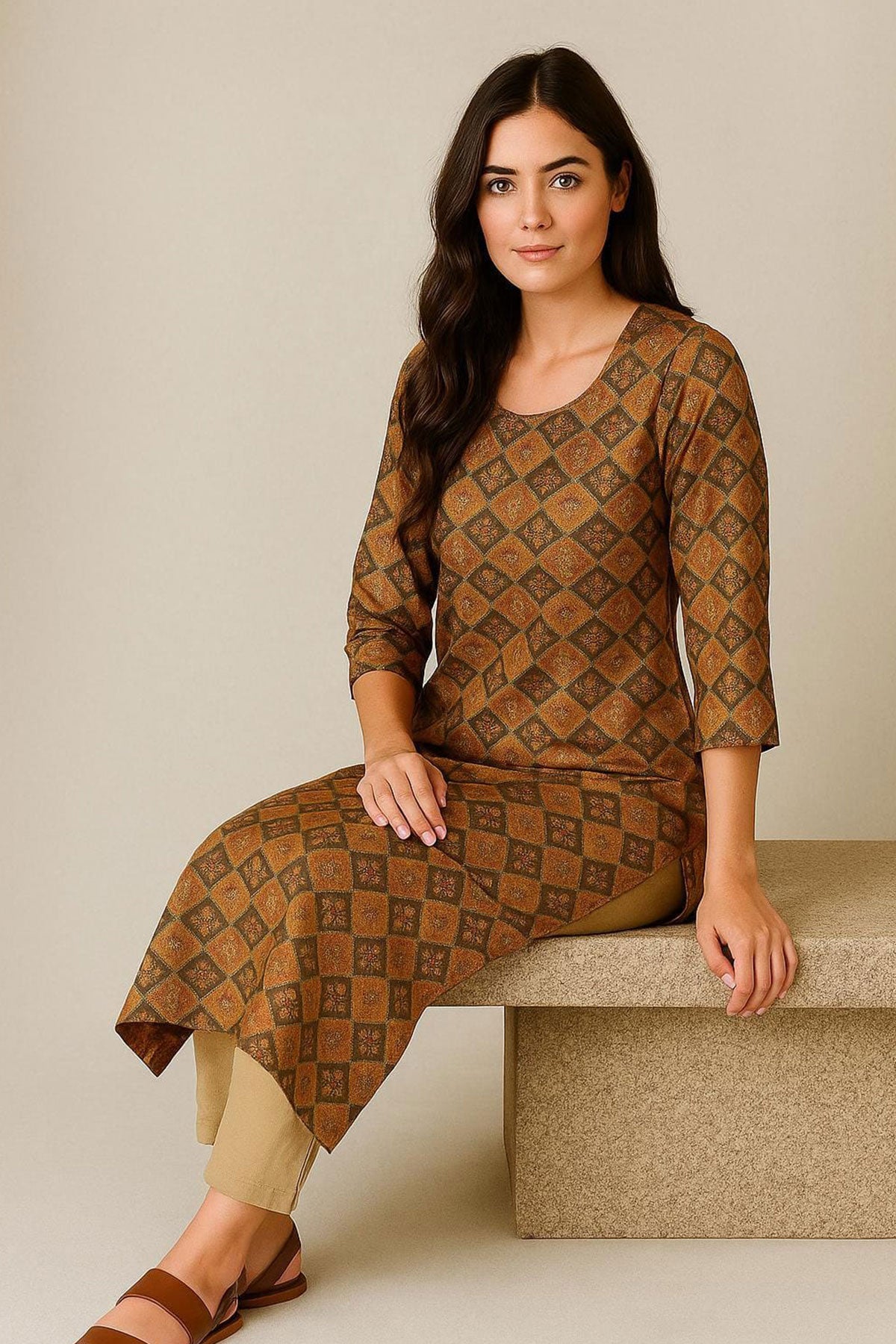 Silakaari Liyana Patola Print Mustard Rayon Straight Long Kurti with Mirror work