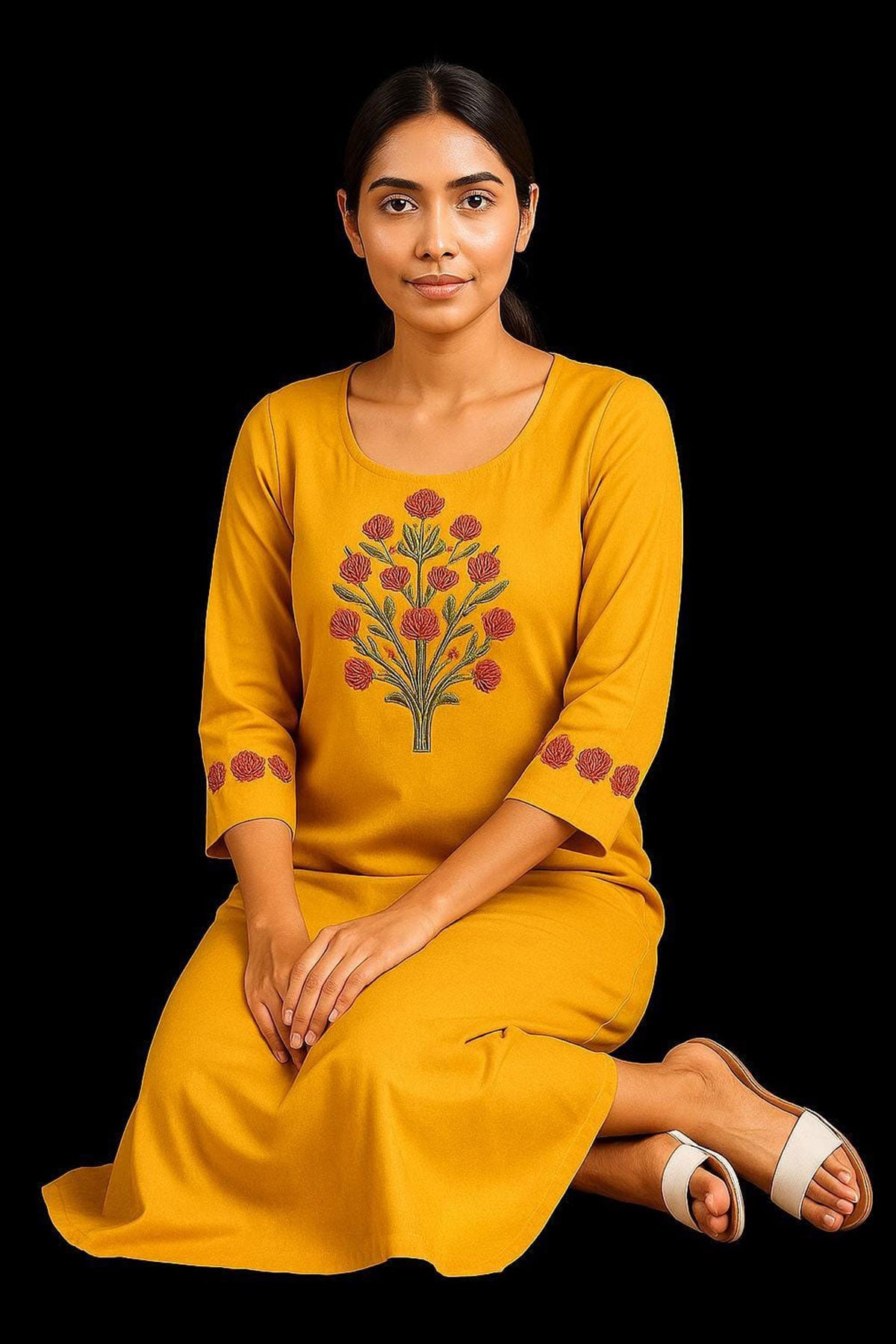 Silakaari Yusra Yellow Rayon Aline Embroidery Kurti
