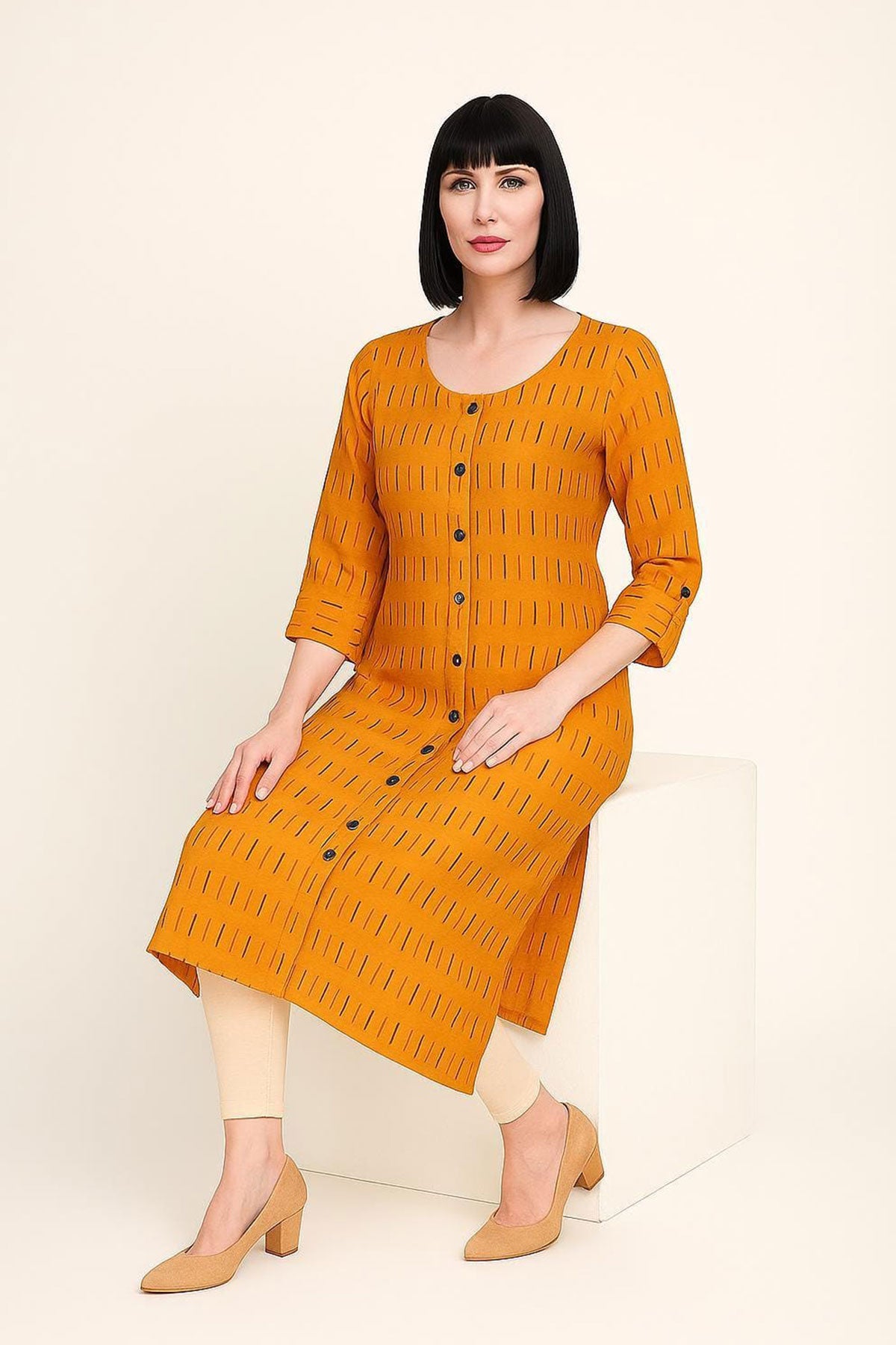 Silakaari Tahira Yellow Printed Straight Cut Cotton Long Kurti