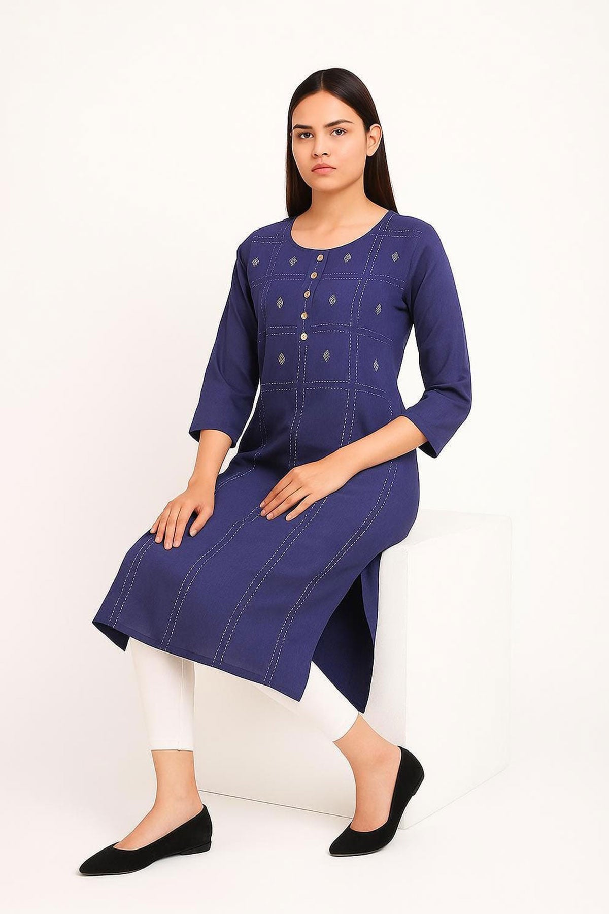 Silakaari Noora Printed Button Stylish Soft Denim Long Kurti