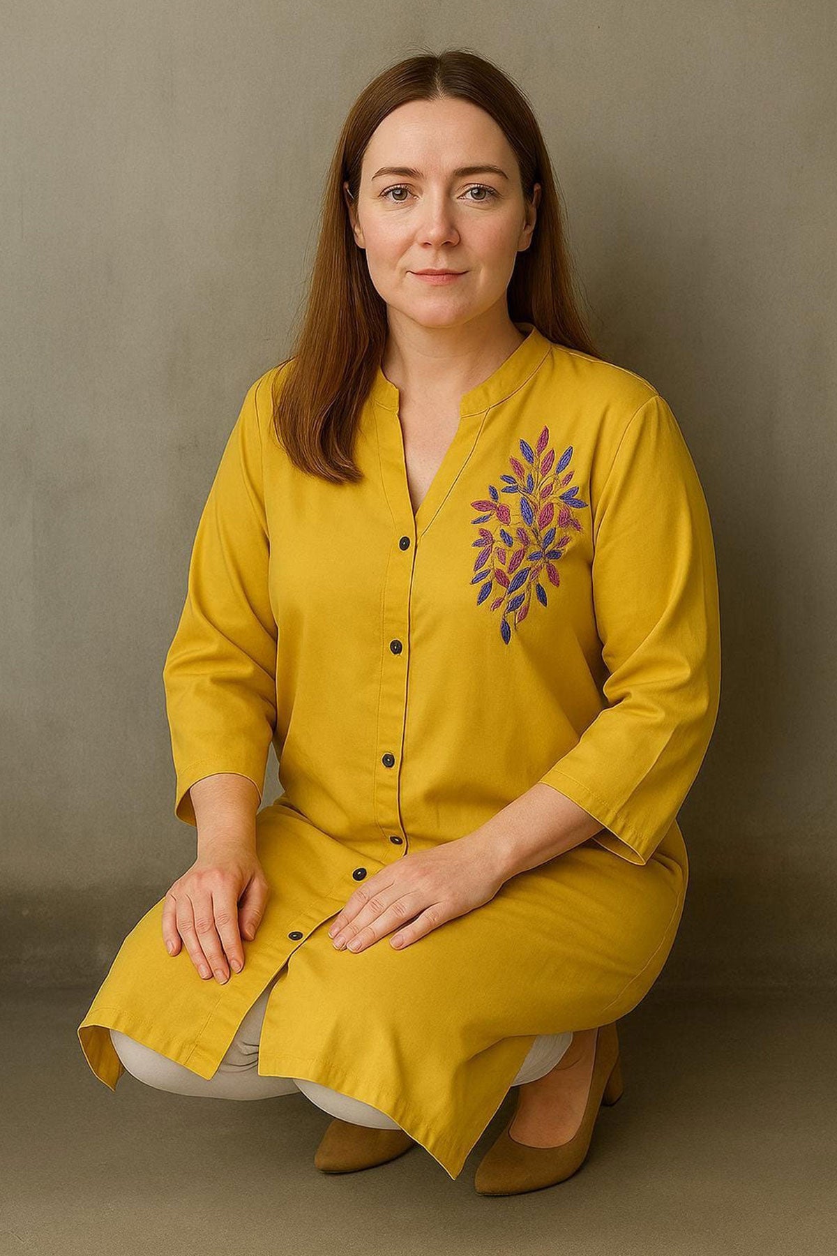 Silakaari Sonia Yellow Rayon Embroidery Long Kurti