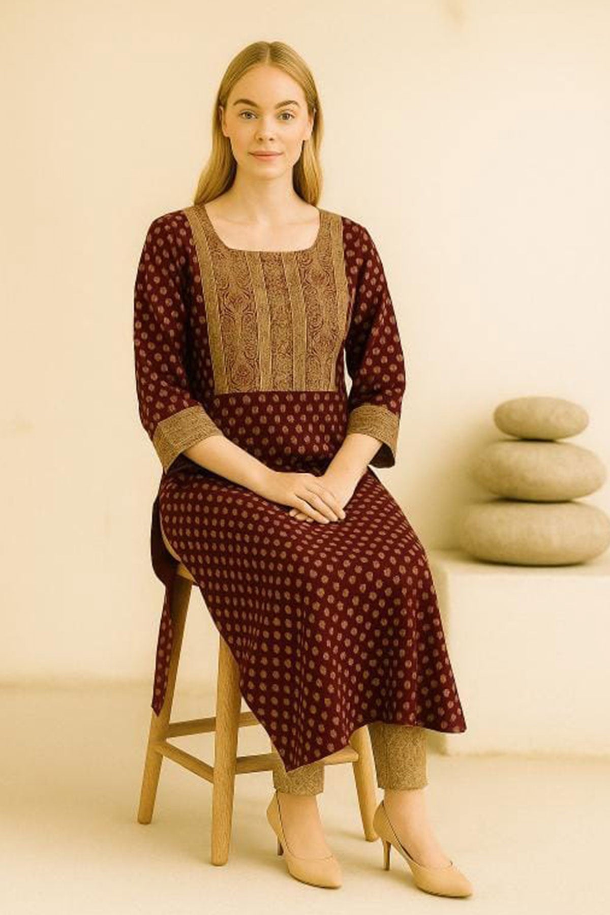 Silakaari Maleeka Maroon Foil Printed Rayon Long Kurti