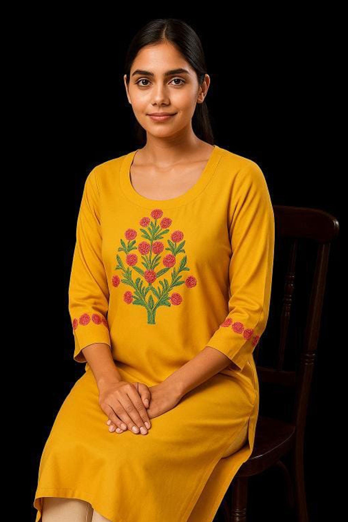 Silakaari Yusra Yellow Rayon Aline Embroidery Kurti