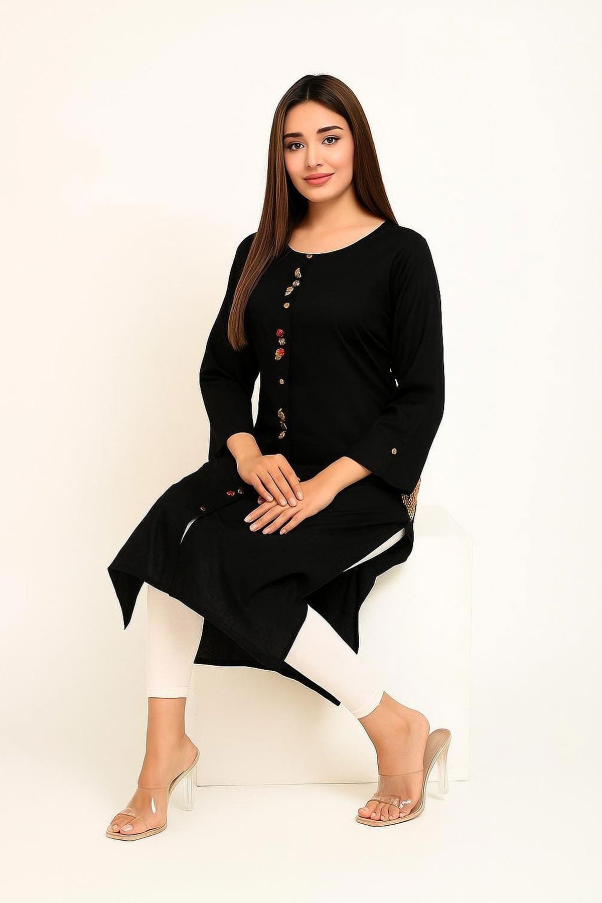 Silakaari Huda Black pocket Zari Embroidered Work Rayon Long Kurti