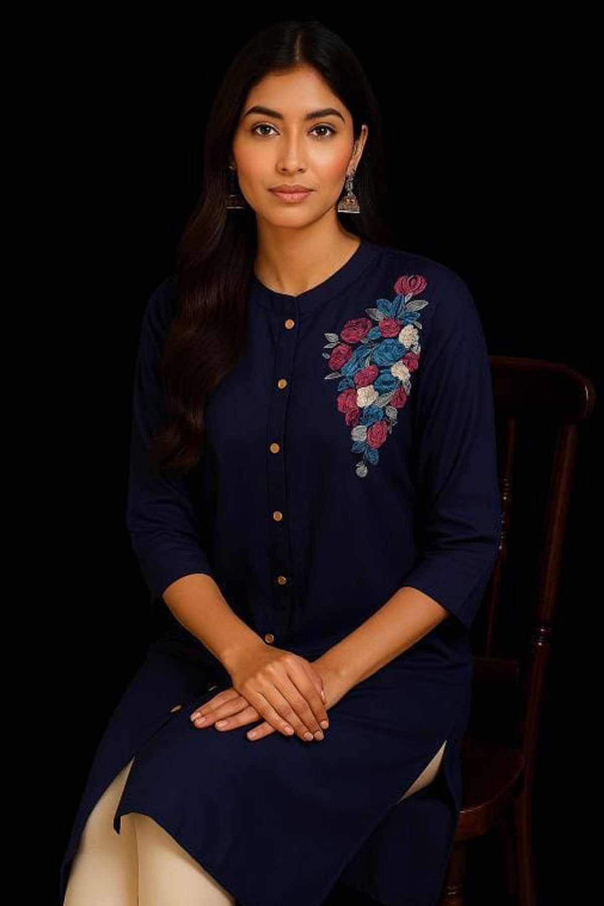 Silakaari Safiya Navy Blue Rayon Embroidery Long Kurti