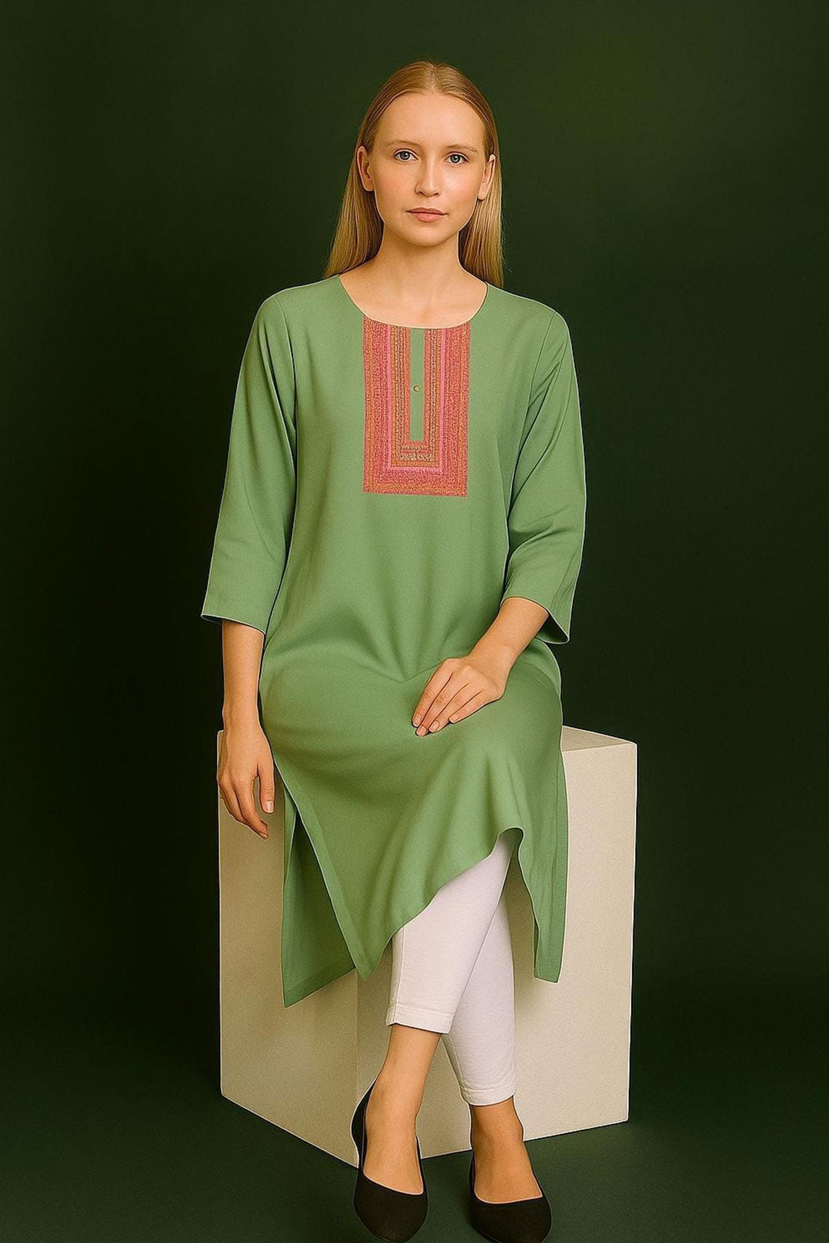 Silakaari Heba Embroidered Teal Green Regular Long Kurti