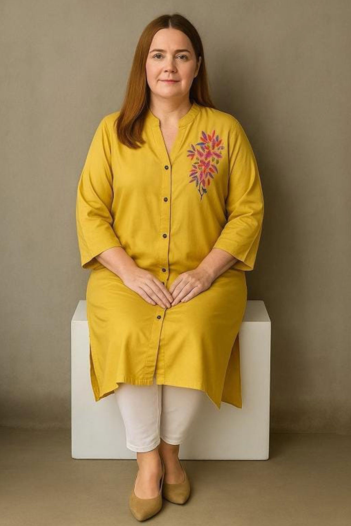 Silakaari Sonia Yellow Rayon Embroidery Long Kurti