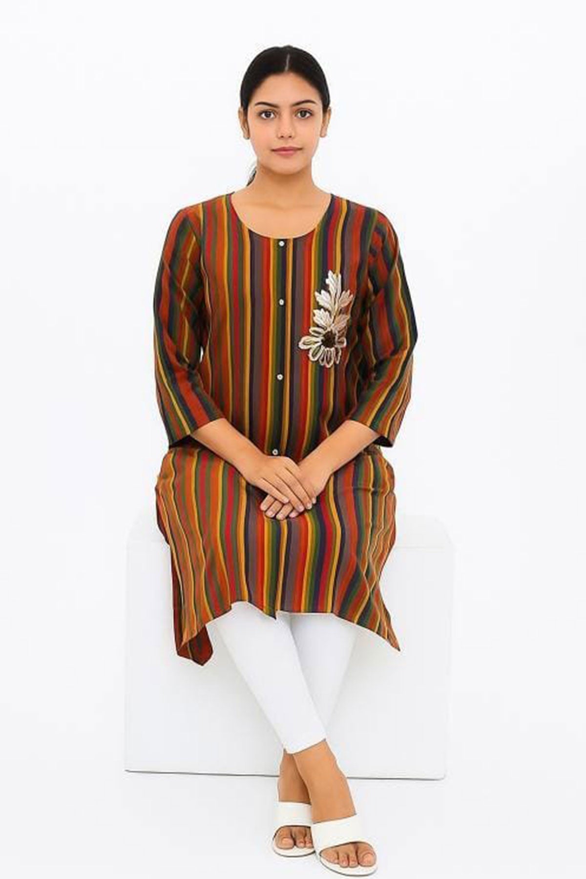 Silakaari Elma Multi-Lining Rayon Gota Patti Long Kurti