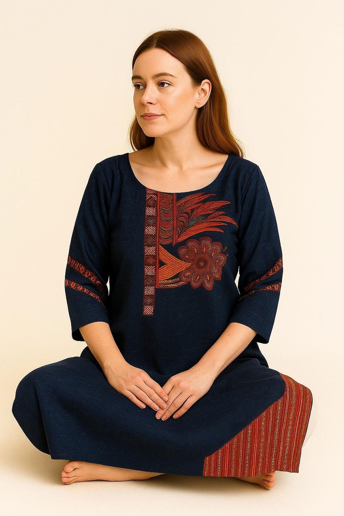 Silakaari Rahma Navy blue Embroidered Extra Long Rayon kurti