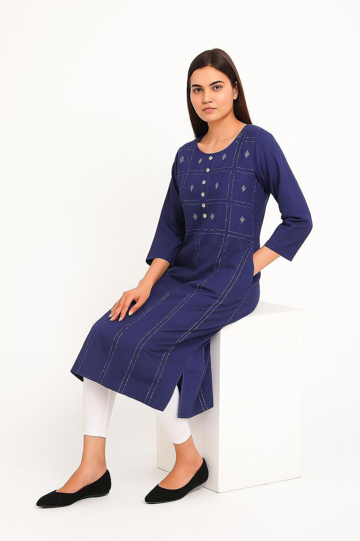 Silakaari Noora Printed Button Stylish Soft Denim Long Kurti
