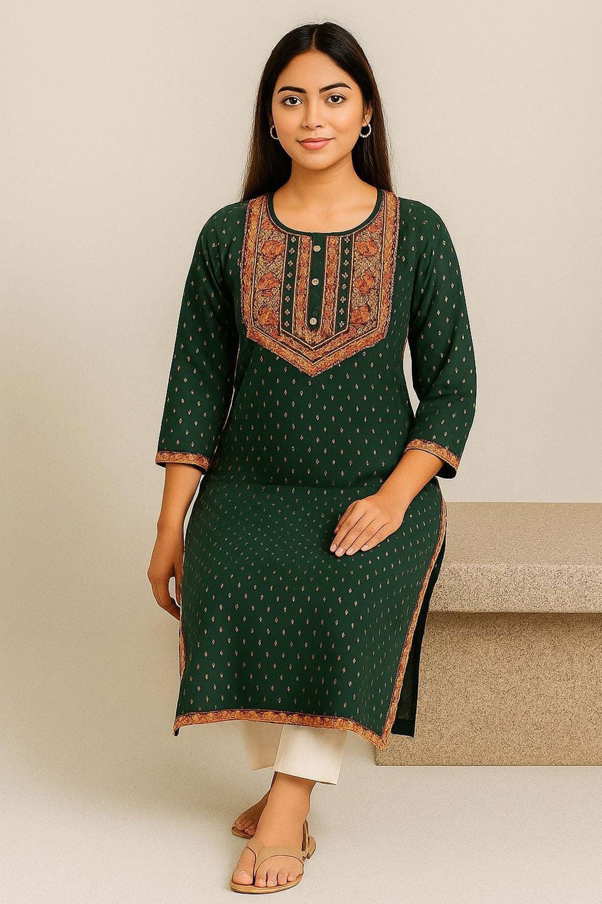 Silakaari Bilquis Dark green Mirror Embroidery Work Long Kurti With Button Detail