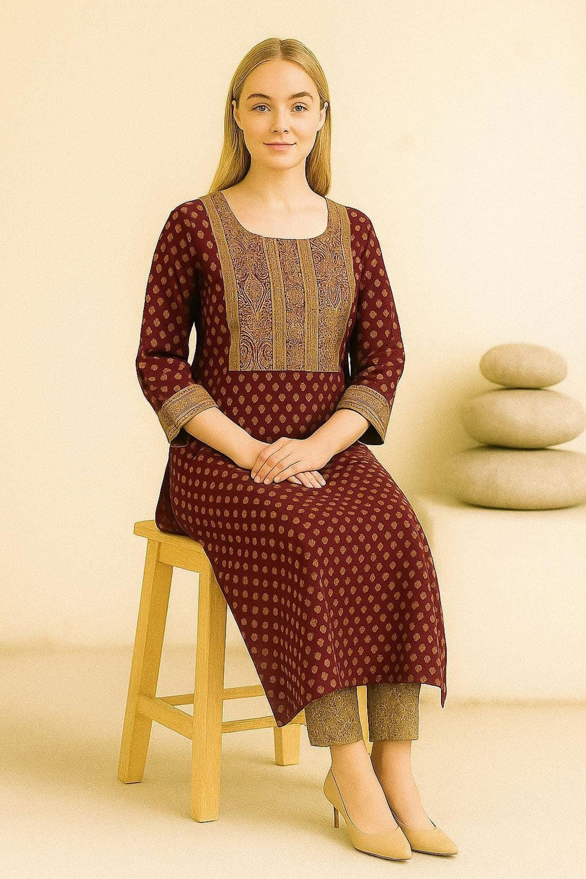 Silakaari Maleeka Maroon Foil Printed Rayon Long Kurti