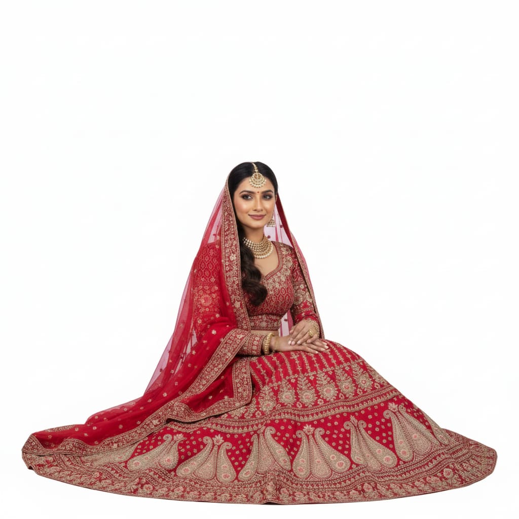 Silakaari Rani Velvet Bridal Lehenga with Zari, Zarkan & Cutdana Work