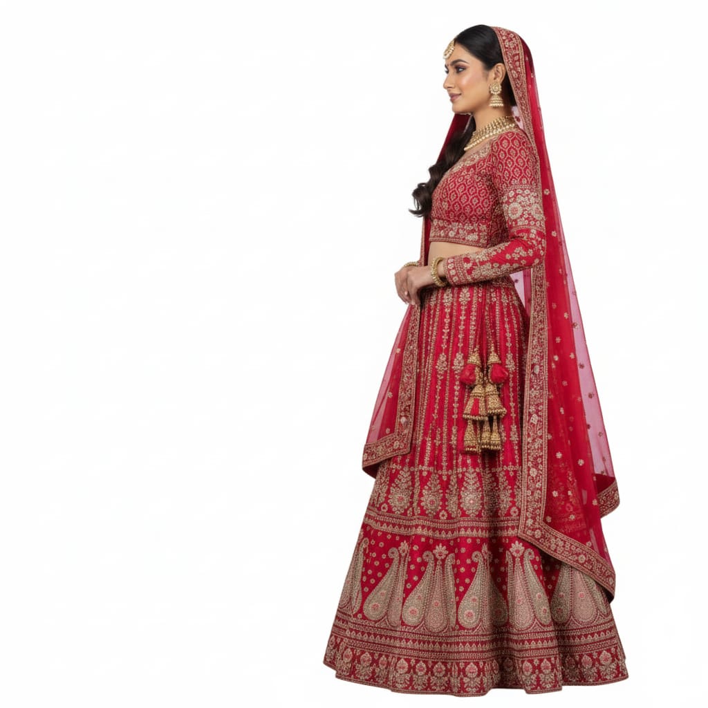 Silakaari Rani Velvet Bridal Lehenga with Zari, Zarkan & Cutdana Work