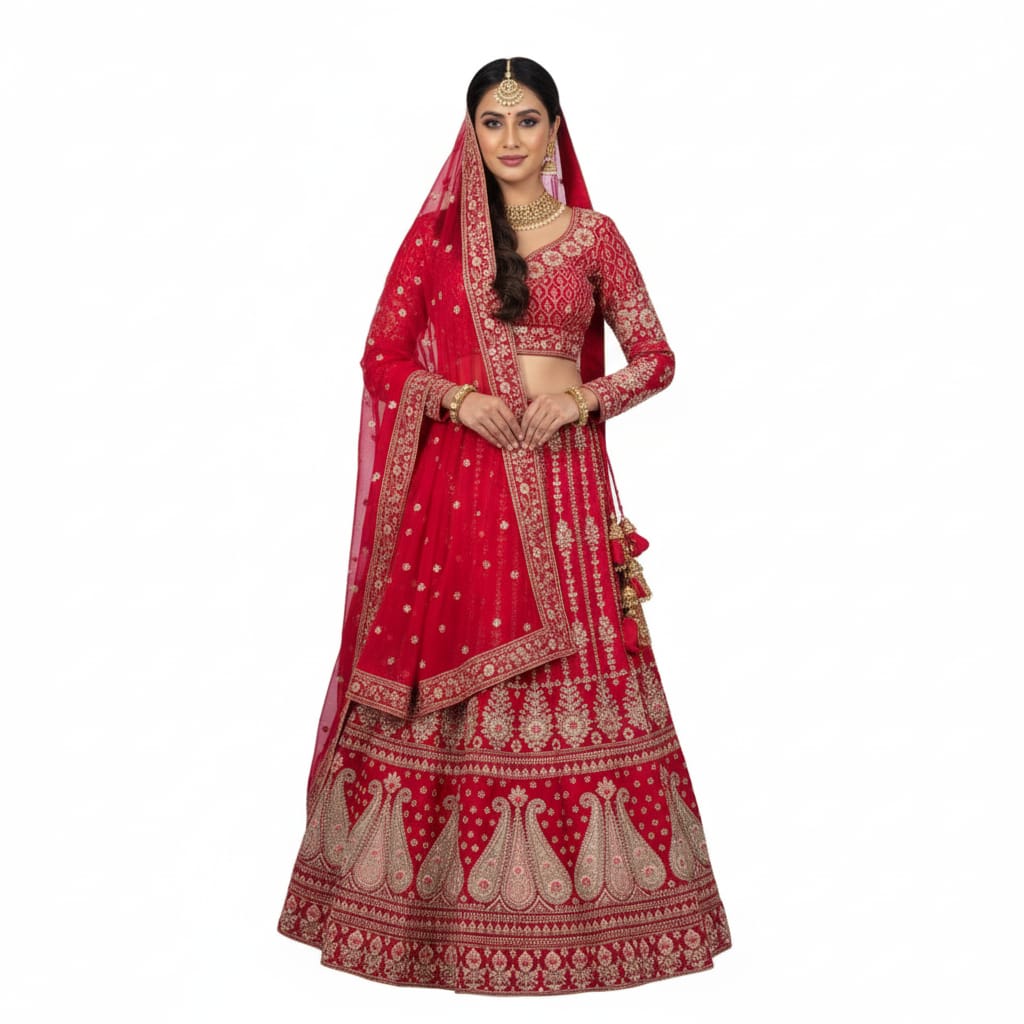 Silakaari Rani Velvet Bridal Lehenga with Zari, Zarkan & Cutdana Work
