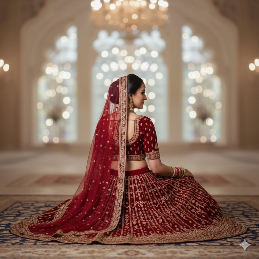 Silakaari Maroon Velvet Bridal Lehenga with Zari, Zarkan & Cutdana Work