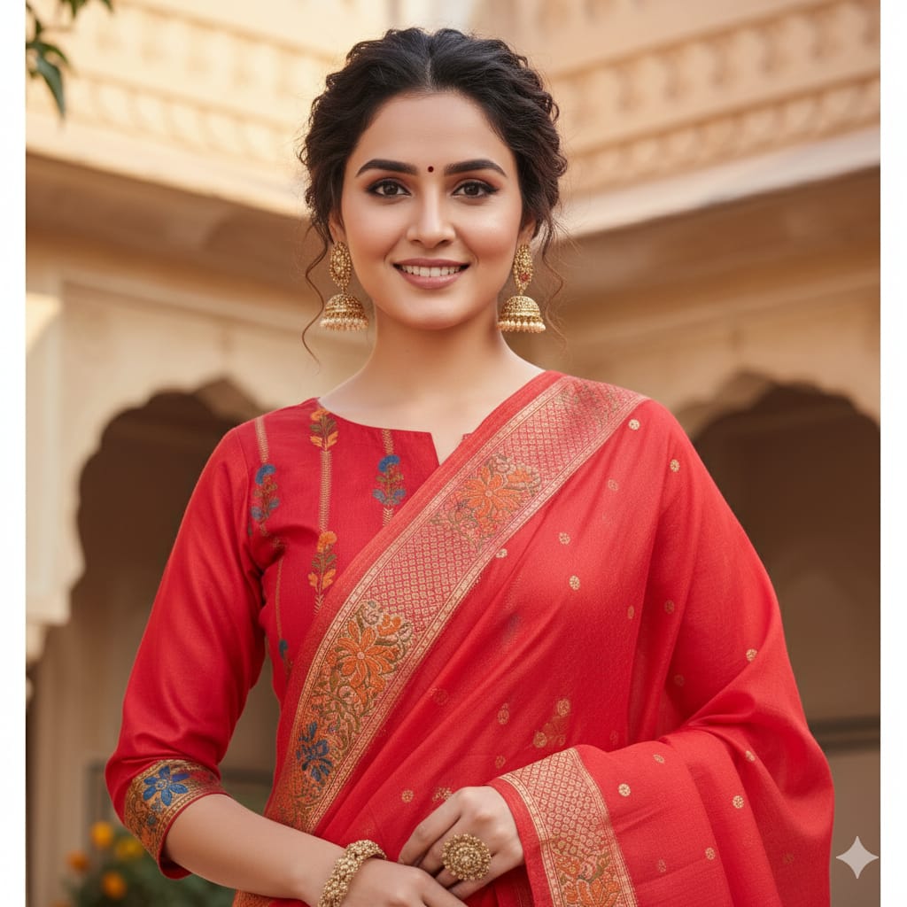 Silakaari Banarasi Silk Woven Zardosi Work & Golden foil Apple Red Unstitched Suit