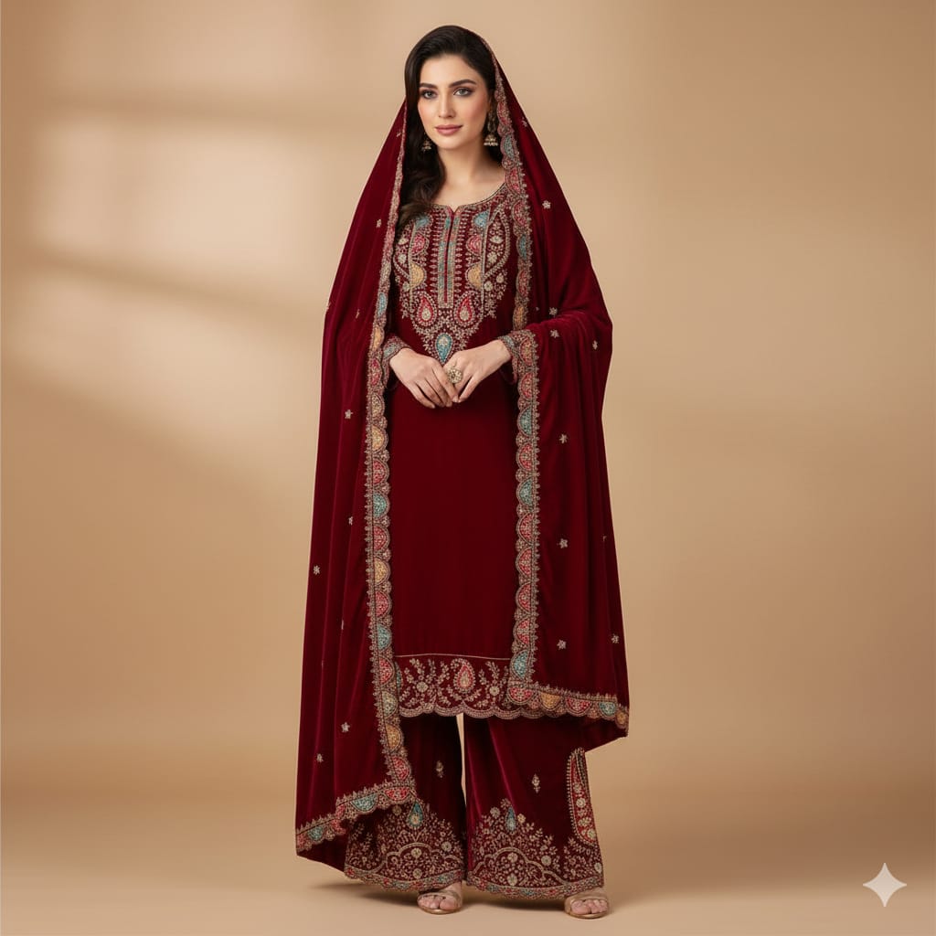 Silakaari Mahogony Maroon Gold Sequin Heavy Bridal Velvet Garara Palazzo Set