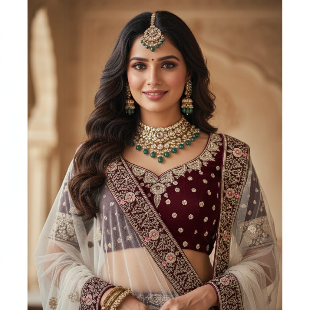 Silakaari Wine Velvet Bridal Lehenga Sharara Set with Zari, Zarkan & Cutdana Work