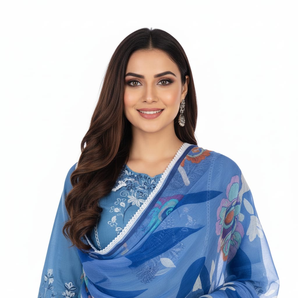 Silakaari Izhar Powder Blue Heavy Embroidery Organza Patch Pure Lawn Ready-Made Dress