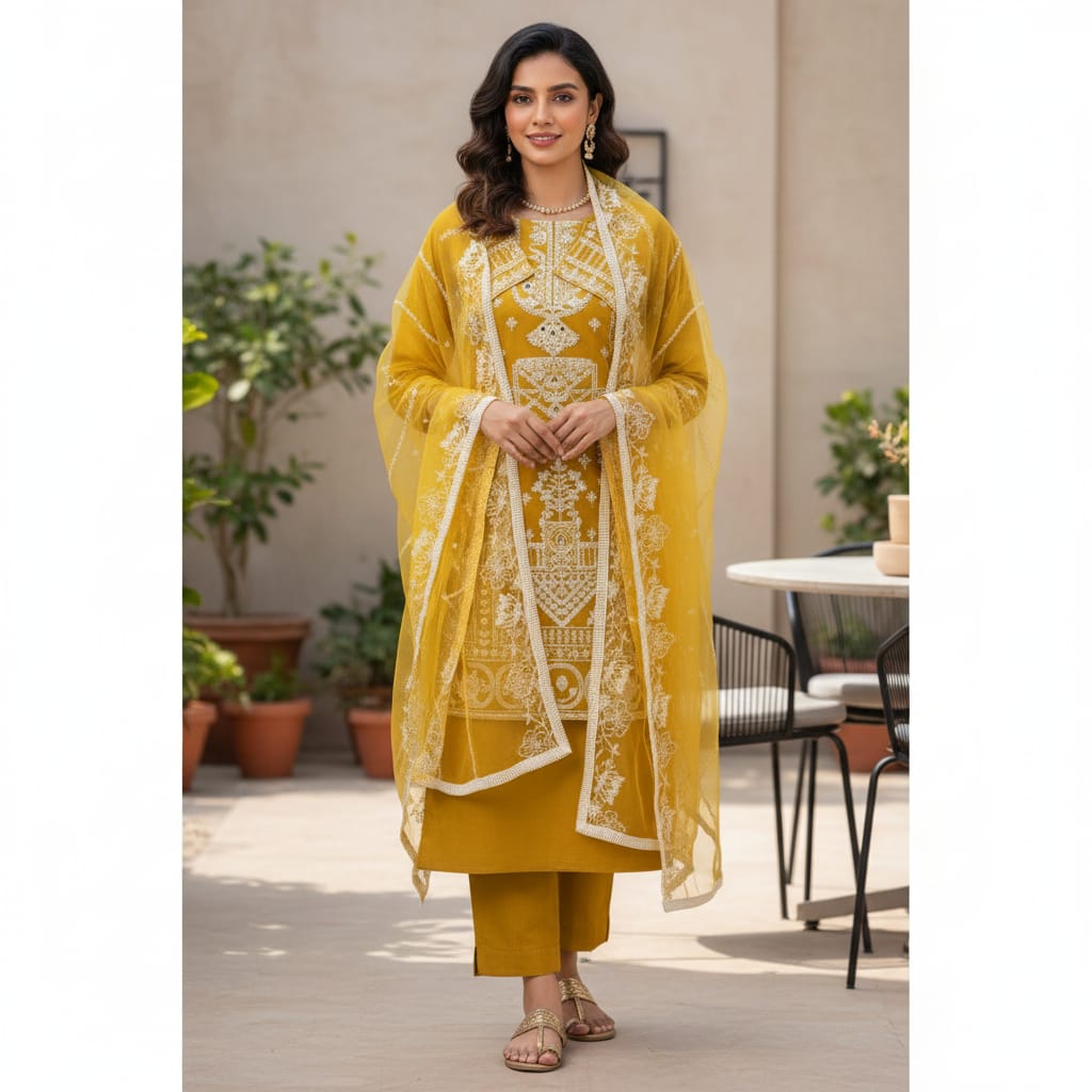 Silakaari Umeed Mustard-White Pure Organza Heavy Embroidery Patch Premium Unstitched  Suits