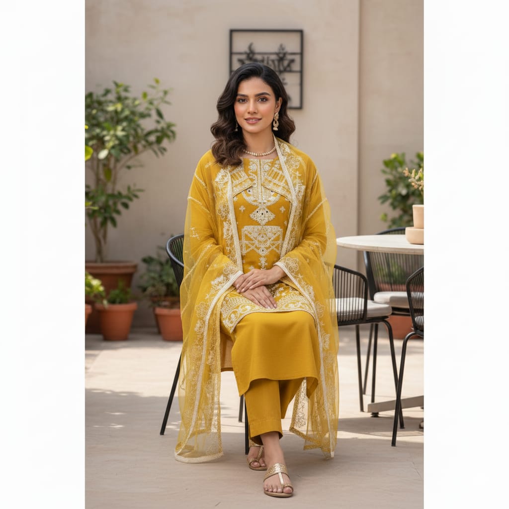 Silakaari Umeed Mustard-White Pure Organza Heavy Embroidery Patch Premium Unstitched Suits