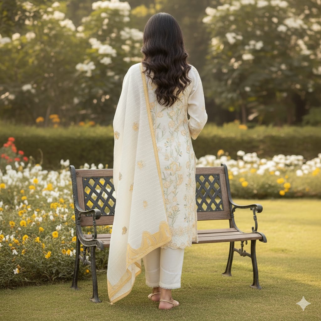 Silakaari Roomani Cream-Gold Heavy Organza Patch Fancy Dupatta  Ready-Made Dress