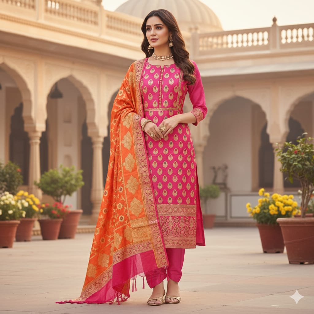 Silakaari Afsana Orange-Hot Pink Double Zari Banarasi Silk Unstitch Salwar Suit